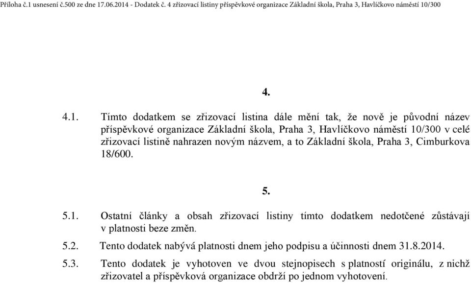 10/300 v celé zřizovací listině nahrazen novým názvem, a to Základní škola, Praha 3, Cimburkova 18/600. 5. 5.1. Ostatní články a obsah zřizovací listiny tímto dodatkem nedotčené zůstávají v platnosti beze změn.