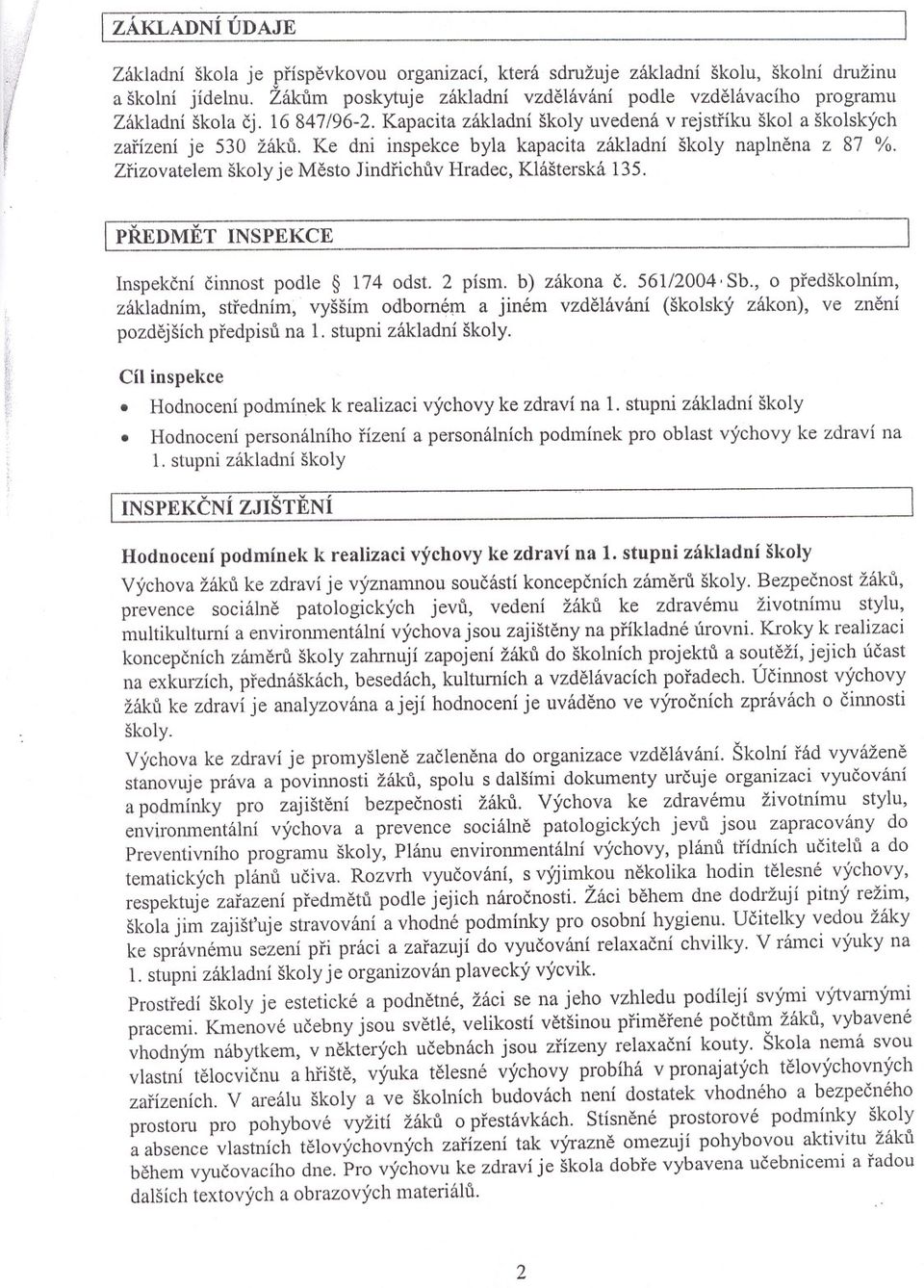 Ke dni inspekce byla kapacita základní školy naplnena z 87 %. Zrizovatelem školy je Mesto Jindrichuv Hradec, Klášterská 135. I PREDMET INSPEKCE Inspekcní cinnost podle 174 odst. 2 písmo b) zákona C.