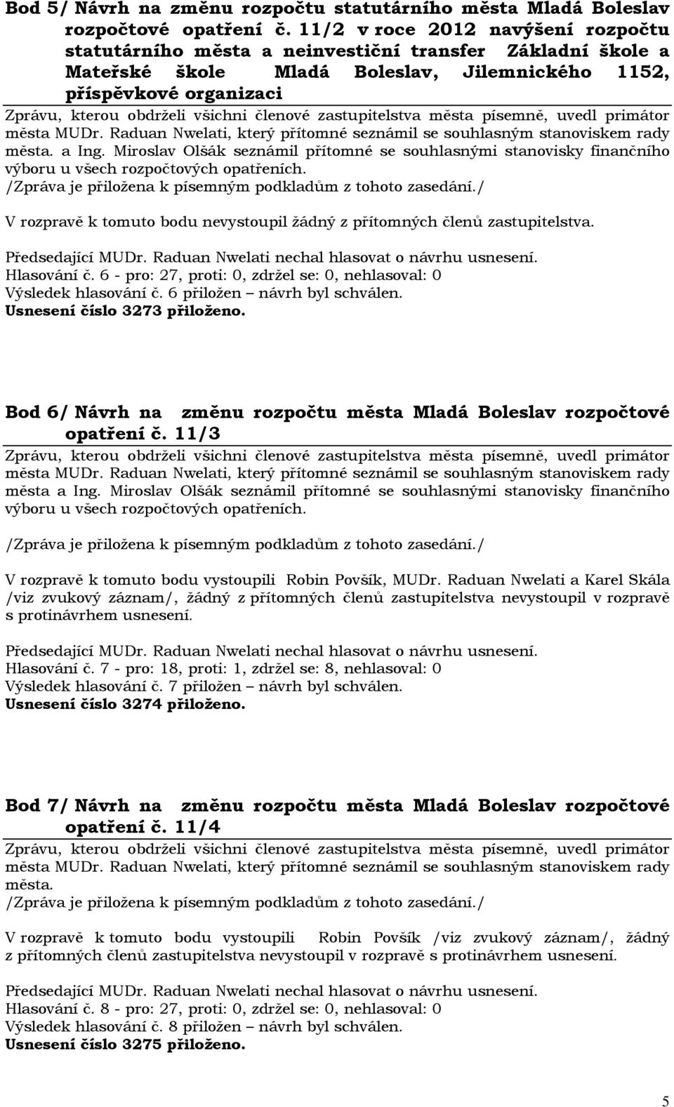 Miroslav Olšák seznámil přítomné se souhlasnými stanovisky finančního výboru u všech rozpočtových opatřeních. Hlasování č. 6 - pro: 27, proti: 0, zdržel se: 0, nehlasoval: 0 Výsledek hlasování č.