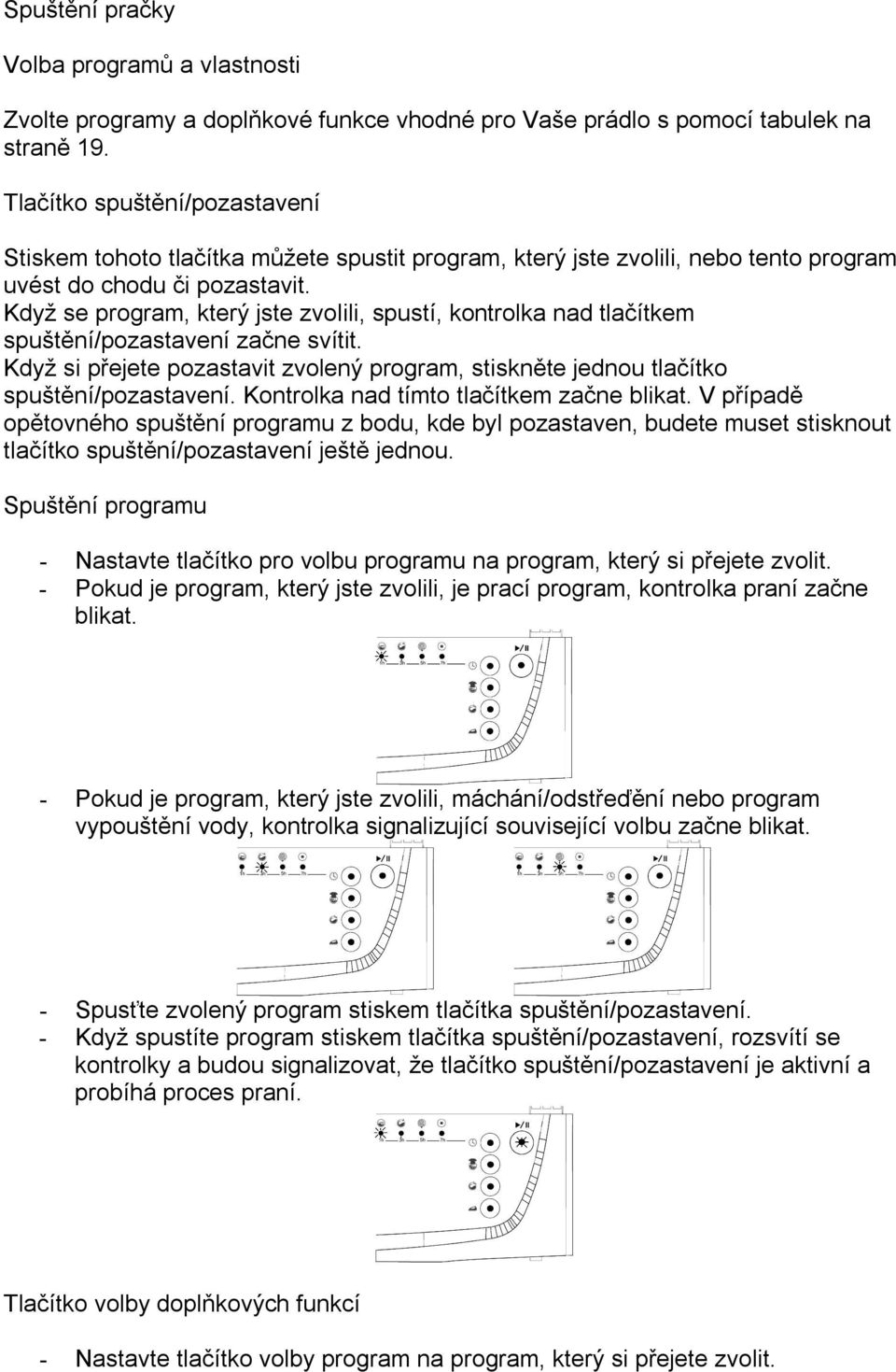 Když se program, který jste zvolili, spustí, kontrolka nad tlačítkem spuštění/pozastavení začne svítit. Když si přejete pozastavit zvolený program, stiskněte jednou tlačítko spuštění/pozastavení.