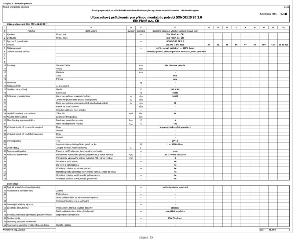 0 4 Velikost --- DN 200 -:- DN 2000 25 32 40 50 65 80 100 125 až do 300 5 Třída přesnosti --- +- 2%, rozsah průtoku 1 -:- 100% Qmax 6 Další ukazované veličiny okamžitý průtok, celkové proteklé