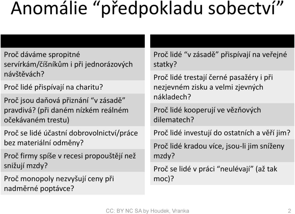 Proč monopoly nezvyšují ceny při nadměrné poptávce? Proč lidé v zásadě přispívají na veřejné statky? Proč lidé trestají černé pasažéry i při nezjevném zisku a velmi zjevných nákladech?