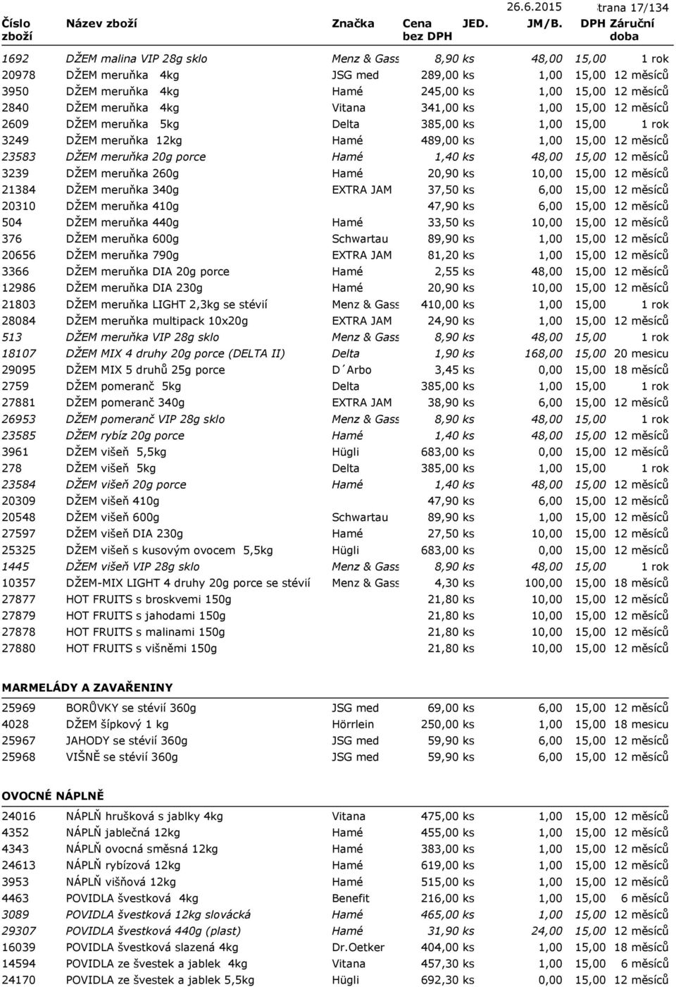 DŽEM meruňka 5kg Delta 385,00 ks 3249 DŽEM meruňka 12kg Hamé 489,00 ks 23583 DŽEM meruňka 20g porce Hamé 1,40 ks 48,00 3239 DŽEM meruňka 260g Hamé 20,90 ks 1 21384 DŽEM meruňka 340g EXTRA JAM 37,50