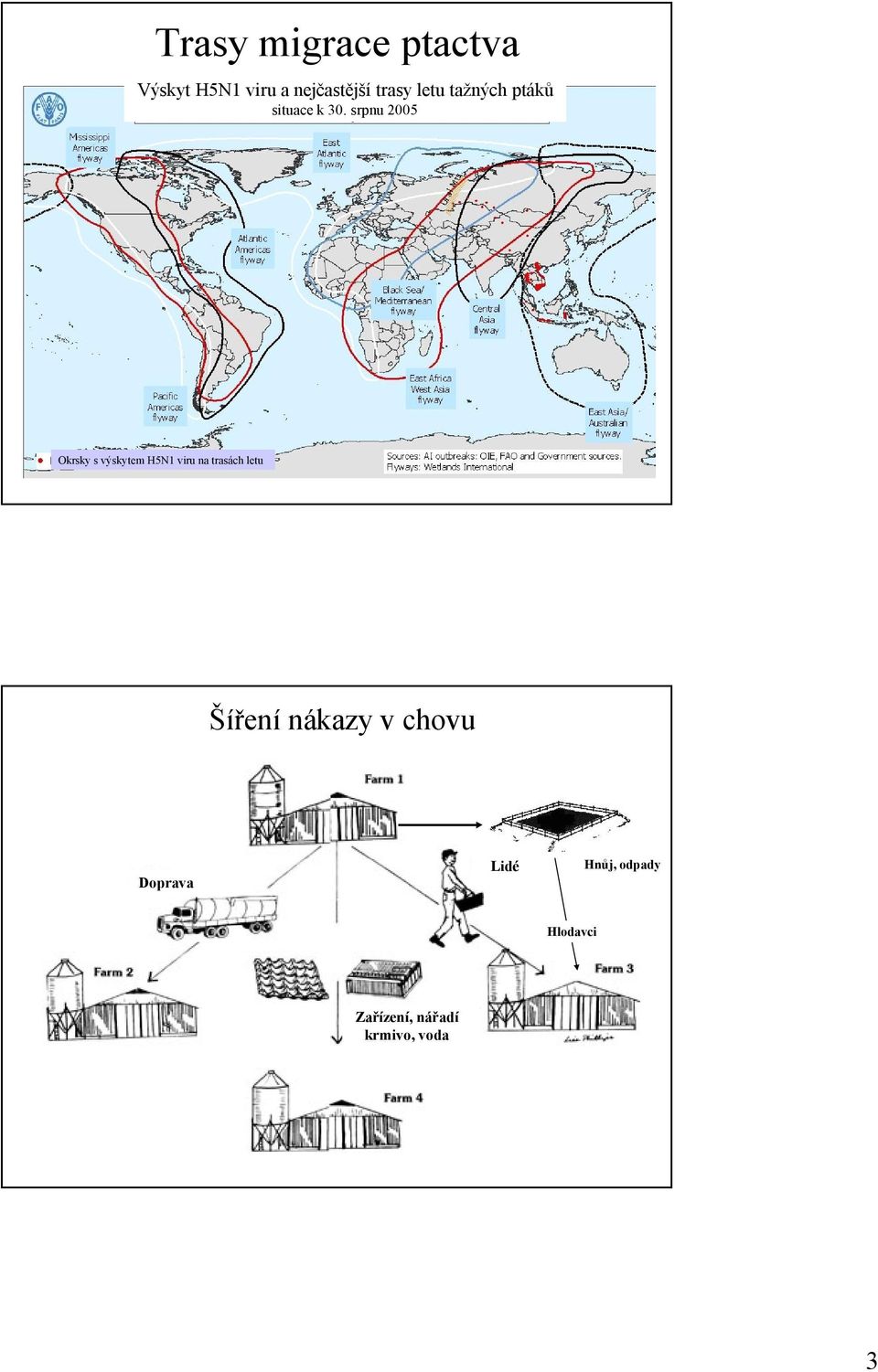 srpnu 2005 Okrsky s výskytem H5N1 viru na trasách letu