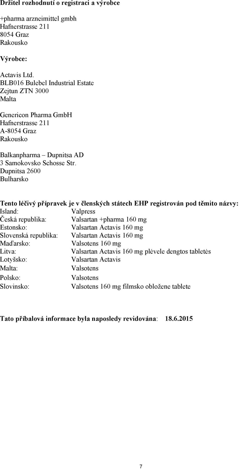 Dupnitsa 2600 Bulharsko Tento léčivý přípravek je v členských státech EHP registrován pod těmito názvy: Island: Valpress Česká republika: Valsartan +pharma 160 mg Estonsko: Valsartan Actavis 160 mg