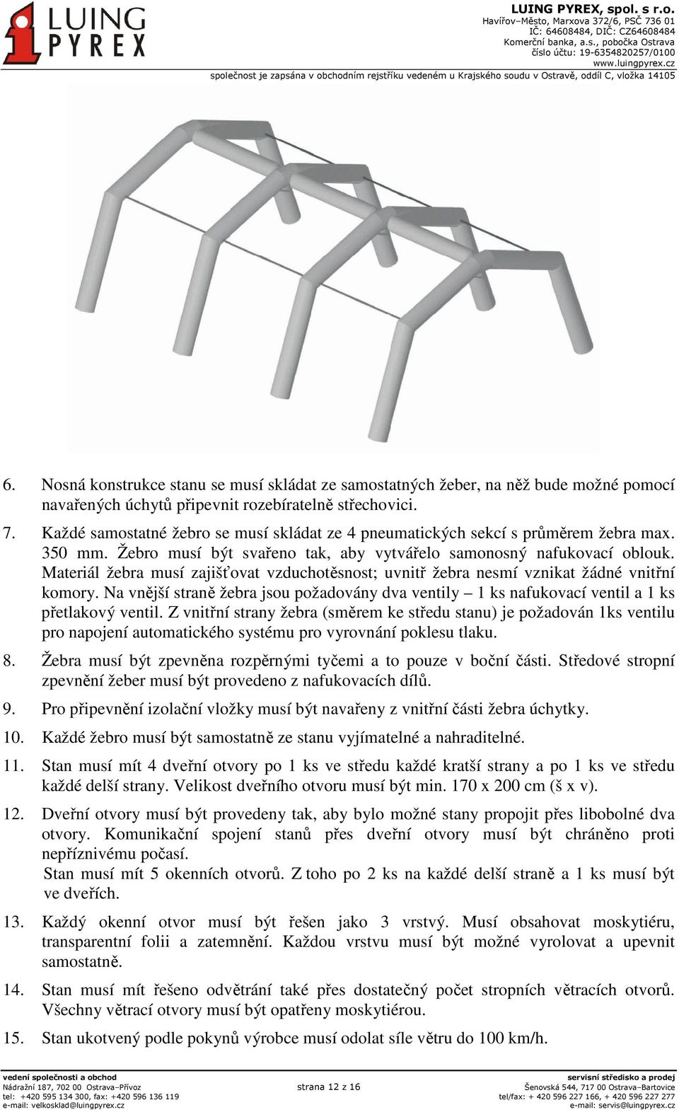 Materiál žebra musí zajišťovat vzduchotěsnost; uvnitř žebra nesmí vznikat žádné vnitřní komory. Na vnější straně žebra jsou požadovány dva ventily 1 ks nafukovací ventil a 1 ks přetlakový ventil.