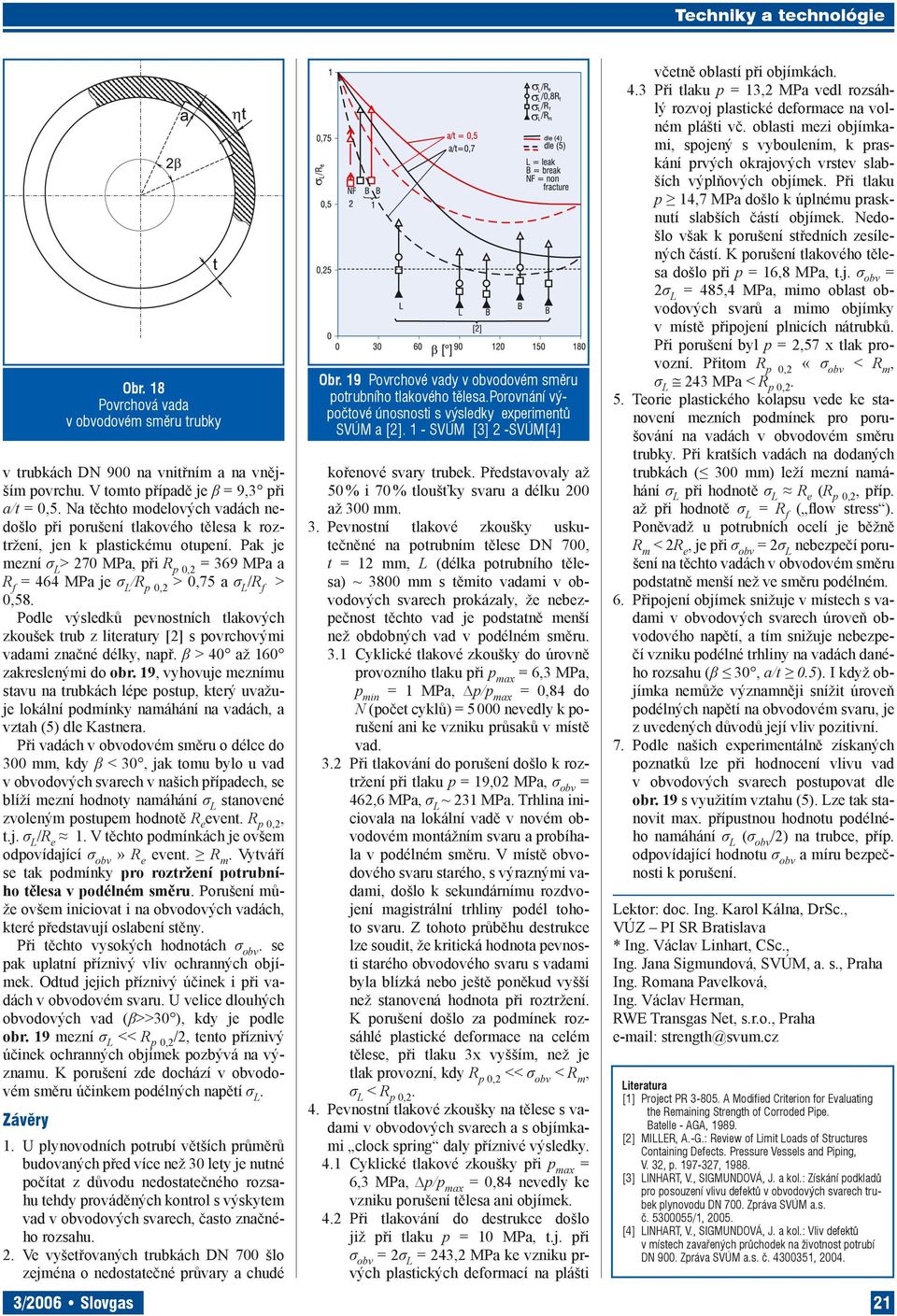 povrchovými vadami značné délky např β > 40 až 160 zakreslenými do obr 19 vyhovuje meznímu stavu na trubkách lépe postup který uvažuje lokální podmínky namáhání na vadách a vztah (5) dle Kastnera Při