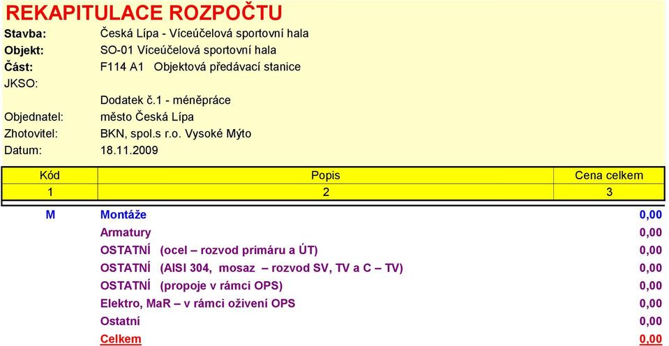 11.2009 Kód Popis Cena celkem 1 2 3 M Montáže 0,00 Armatury 0,00 OSTATNÍ (ocel rozvod primáru a ÚT) 0,00 OSTATNÍ (AISI 304, mosaz