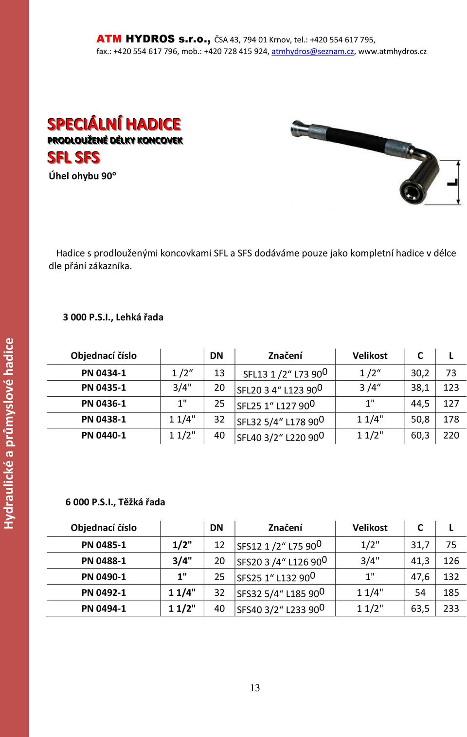 , Lehká řada Hydraulické a průmyslové hadice Objednací číslo DN Značení Velikost C L PN 0434-1 1 /2 13 SFL13 1 /2 L73 90 0 1 /2 30,2 73 PN 0435-1 3/4" 20 SFL20 3 4 L123 90 0 3 /4 38,1 123 PN 0436-1