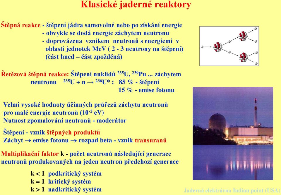 .. záchytem neutronu 235 U + n 236 U* : 85 % - štěpení 15 % - emise fotonu Velmi vysoké hodnoty účinných průřezů záchytu neutronů pro malé energie neutronů (10-2 ev) Nutnost zpomalování neutronů -