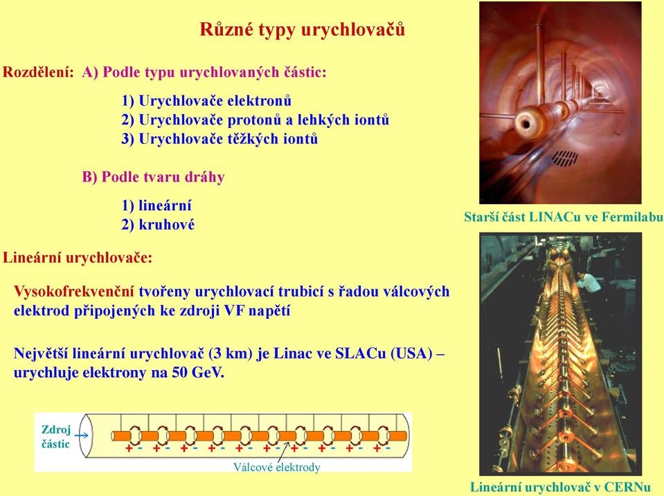 urychlovače: Vysokofrekvenční tvořeny urychlovací trubicí s řadou válcových elektrod připojených ke zdroji VF napětí Největší