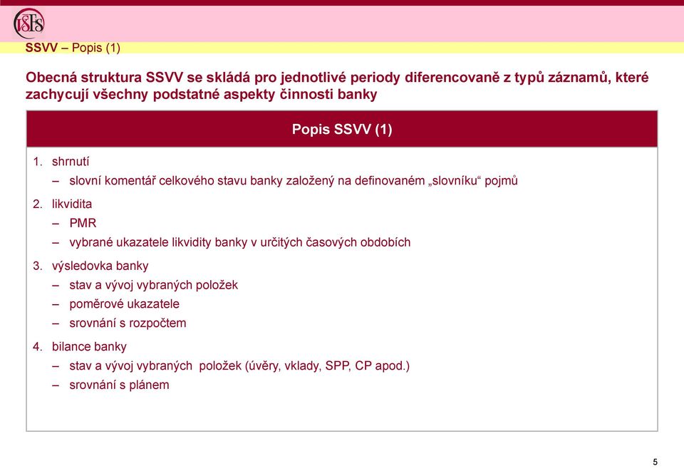 shrnutí Popis SSVV (1) slovní komentář celkového stavu banky založený na definovaném slovníku pojmů 2.