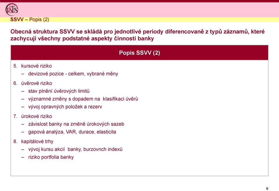 úvěrové riziko stav plnění úvěrových limitů významné změny s dopadem na klasifikaci úvěrů vývoj opravných položek a rezerv 7.
