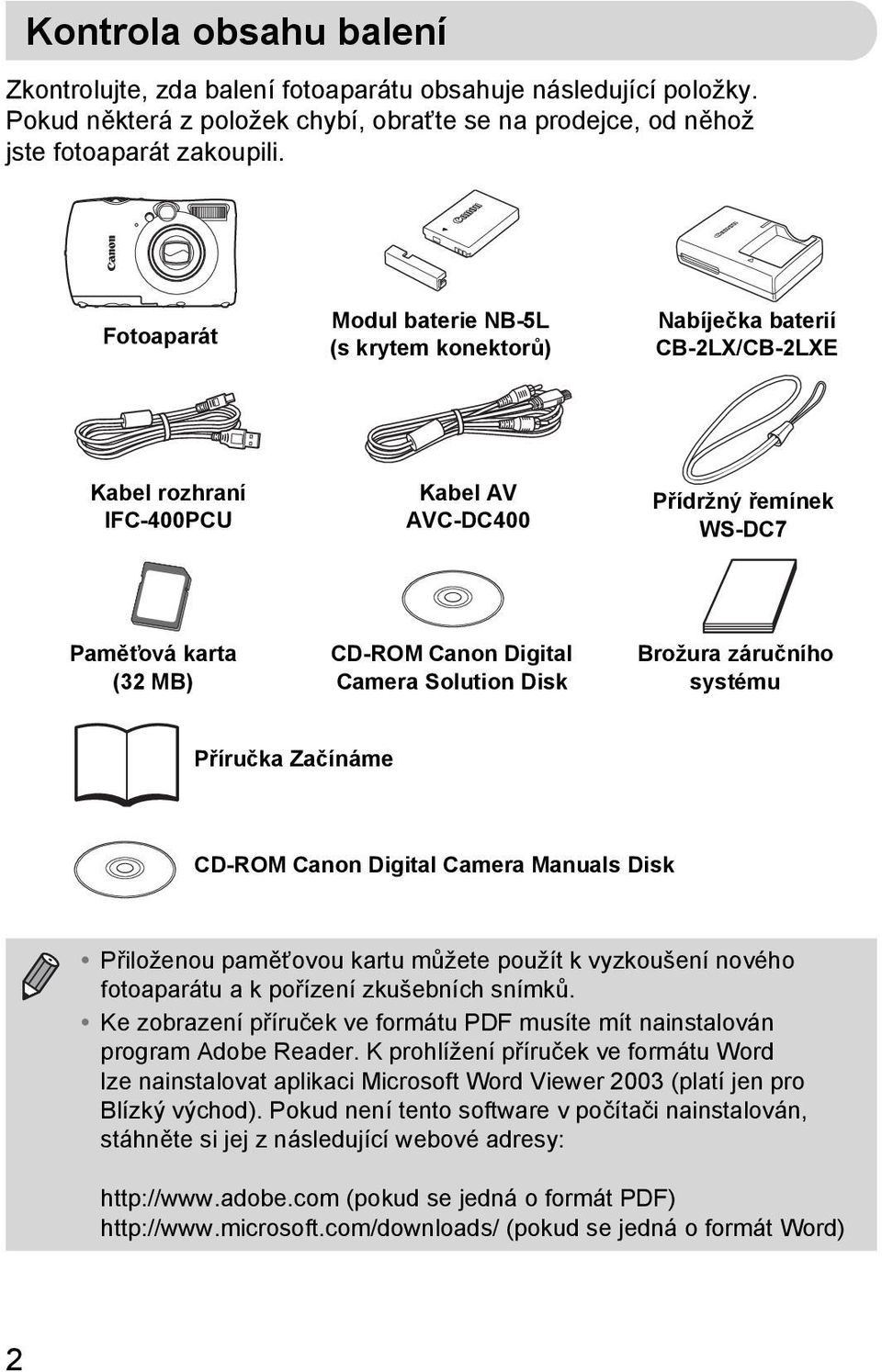 Camera Solution Disk Brožura záručního systému Příručka Začínáme CD-ROM Canon Digital Camera Manuals Disk Přiloženou paměťovou kartu můžete použít k vyzkoušení nového fotoaparátu a k pořízení