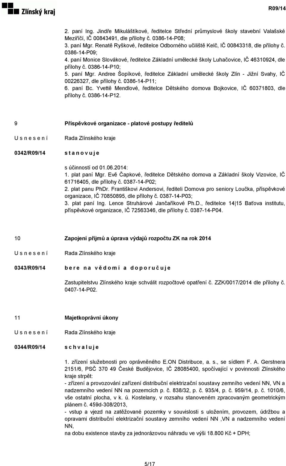 0386-14-P10; 5. paní Mgr. Andree Šopíkové, ředitelce Základní umělecké školy Zlín - Jižní Svahy, IČ 00226327, dle přílohy č. 0386-14-P11; 6. paní Bc.