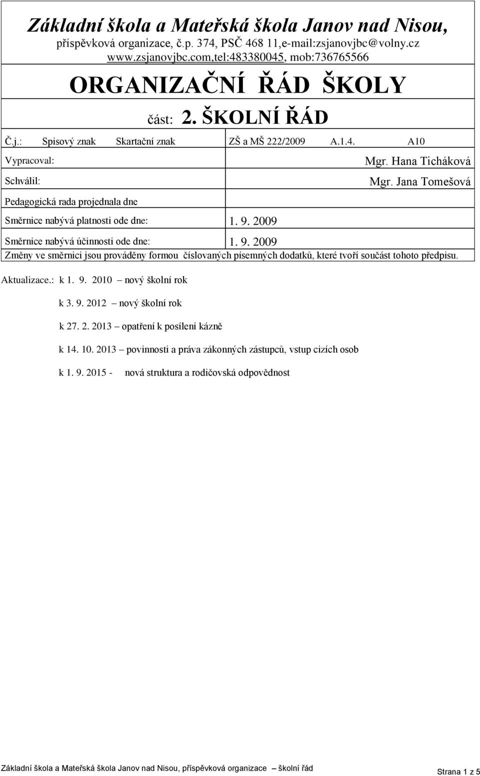 Jana Tomešová Pedagogická rada projednala dne Směrnice nabývá platnosti ode dne: 1. 9. 2009 Směrnice nabývá účinnosti ode dne: 1. 9. 2009 Změny ve směrnici jsou prováděny formou číslovaných písemných dodatků, které tvoří součást tohoto předpisu.