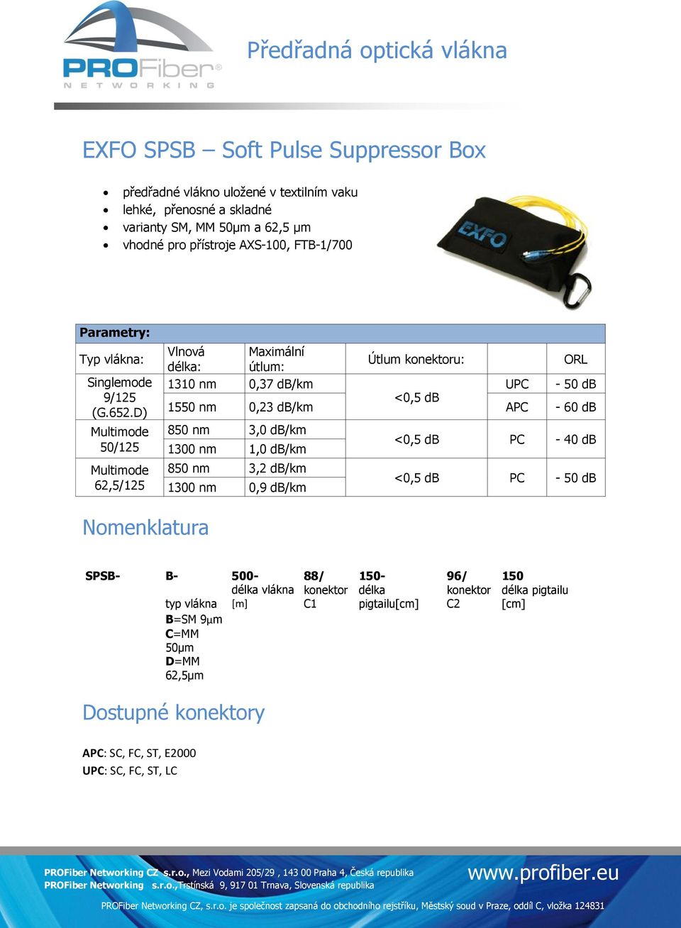 D) 50/125 62,5/125 Vlnová Maximální délka: útlum: Útlum u: ORL 1310 nm 0,37 db/km UPC - 50 db 1550 nm 0,23 db/km <0,5 db APC - 60 db 850 nm 3,0 db/km