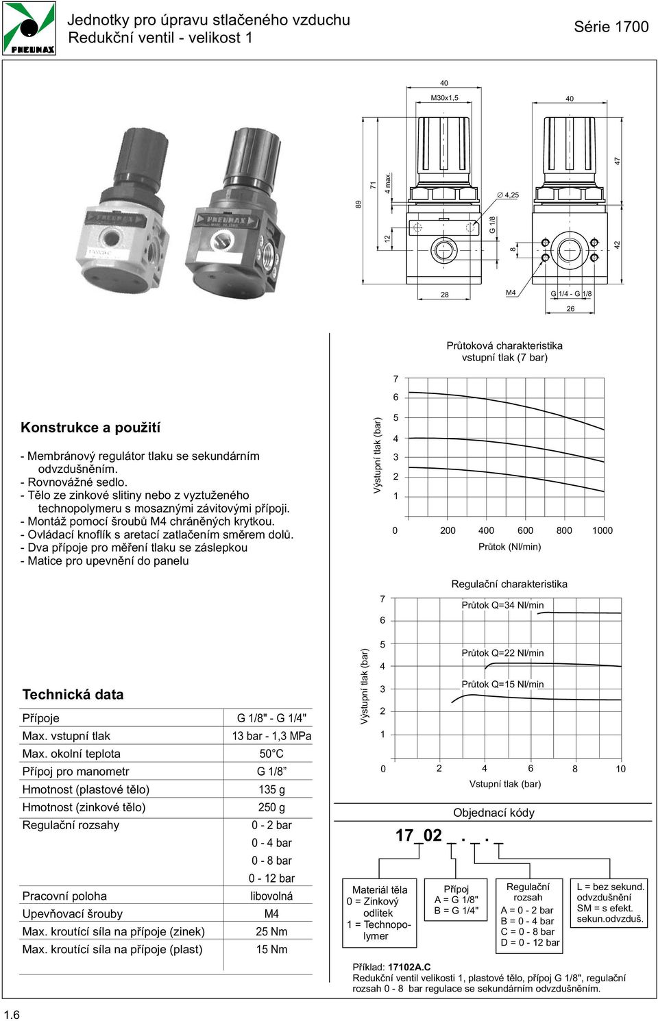 - Dva pøípoje pro mìøení tlaku se záslepkou - Matice pro upevnìní do panelu Výstupní tlak (bar) 0 00 00 00 800 000 Prùtok (Nl/min) Regulaèní charakteristika Prùtok Q= Nl/min Pøípoje Max.