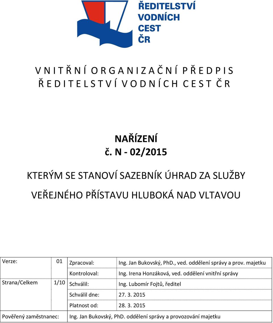 Jan Bukovský, PhD., ved. oddělení správy a prov. majetku Kontroloval: Ing. Irena Honzáková, ved.