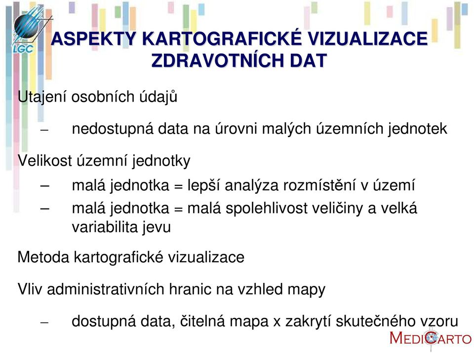 malá jednotka = malá spolehlivost veličiny a velká variabilita jevu Metoda kartografické