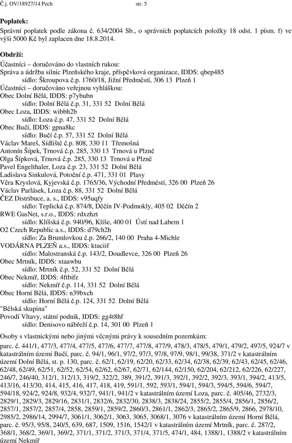 p. 31, 331 52 Dolní Bělá Obec Loza, IDDS: wibbh2b sídlo: Loza č.p. 47, 331 52 Dolní Bělá Obec Bučí, IDDS: gpna8kc sídlo: Bučí č.p. 57, 331 52 Dolní Bělá Václav Mareš, Sídliště č.p. 808, 330 11 Třemošná Antonín Šípek, Trnová č.