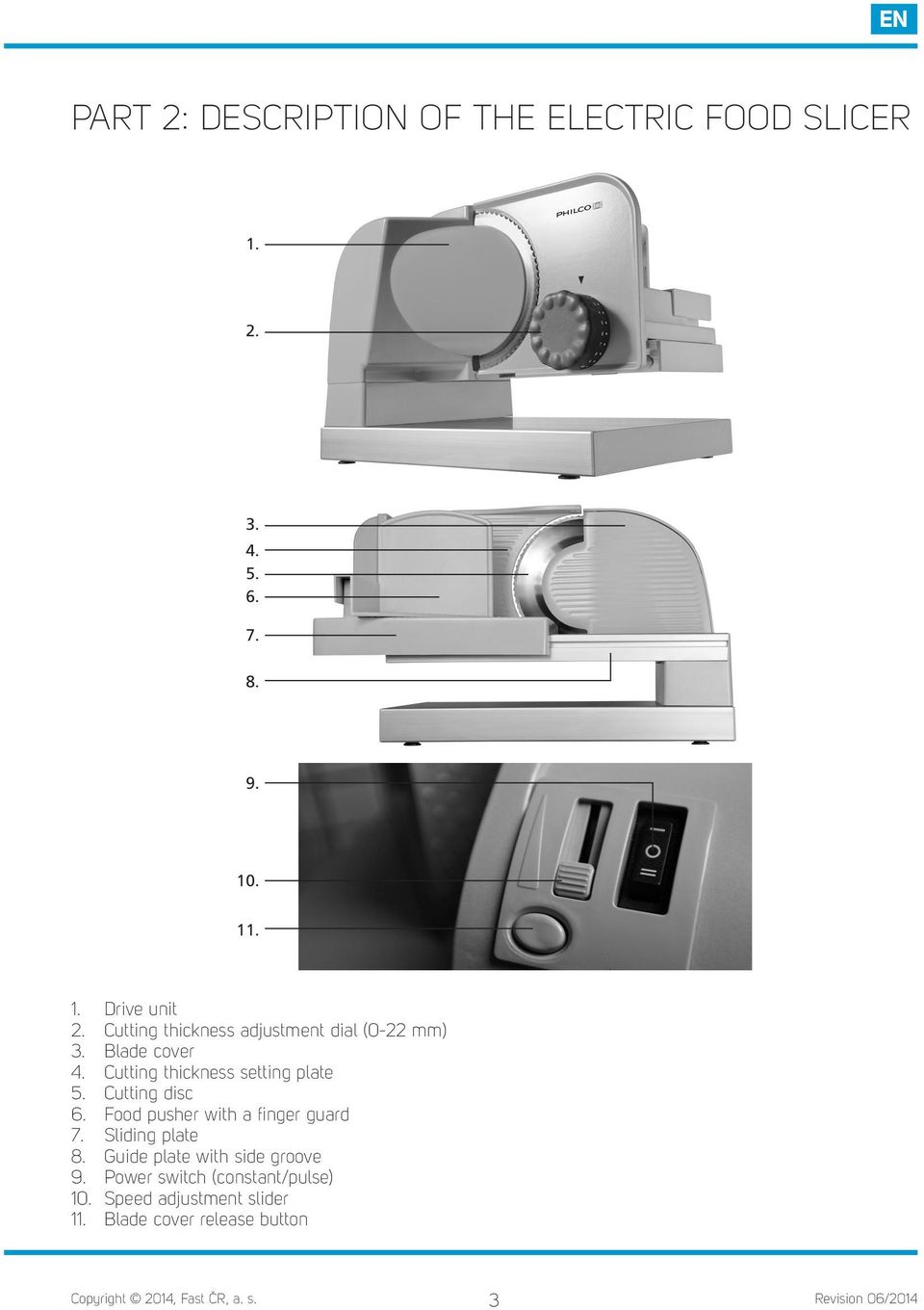 Cutting disc 6. Food pusher with a fi nger guard 7. Sliding plate 8. Guide plate with side groove 9.