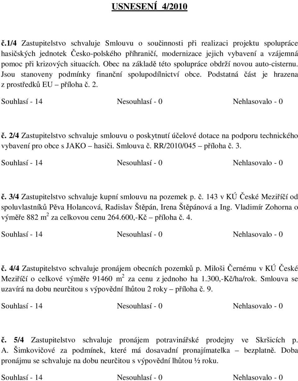 situacích. Obec na základě této spolupráce obdrží novou auto-cisternu. Jsou stanoveny podmínky finanční spolupodílnictví obce. Podstatná čá