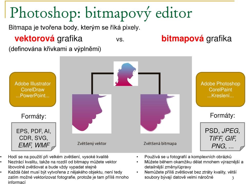 .. Formáty: EPS, PDF, AI, CDR, SVG, EMF, WMF Hodí se na použití při velkém zvětšení, vysoké kvalitě Neztrácí kvalitu, takže na rozdíl od bitmapy můžete vektor libovolně zvětšovat a bude vždy vypadat