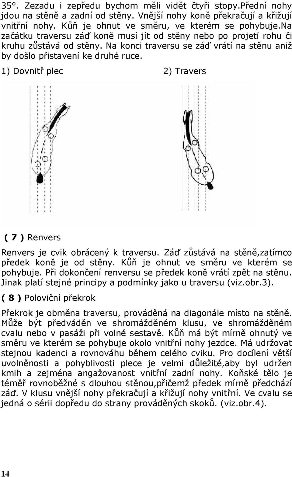 1) Dovnitř plec 2) Travers ( 7 ) Renvers Renvers je cvik obrácený k traversu. Záď zůstává na stěně,zatímco předek koně je od stěny. Kůň je ohnut ve směru ve kterém se pohybuje.