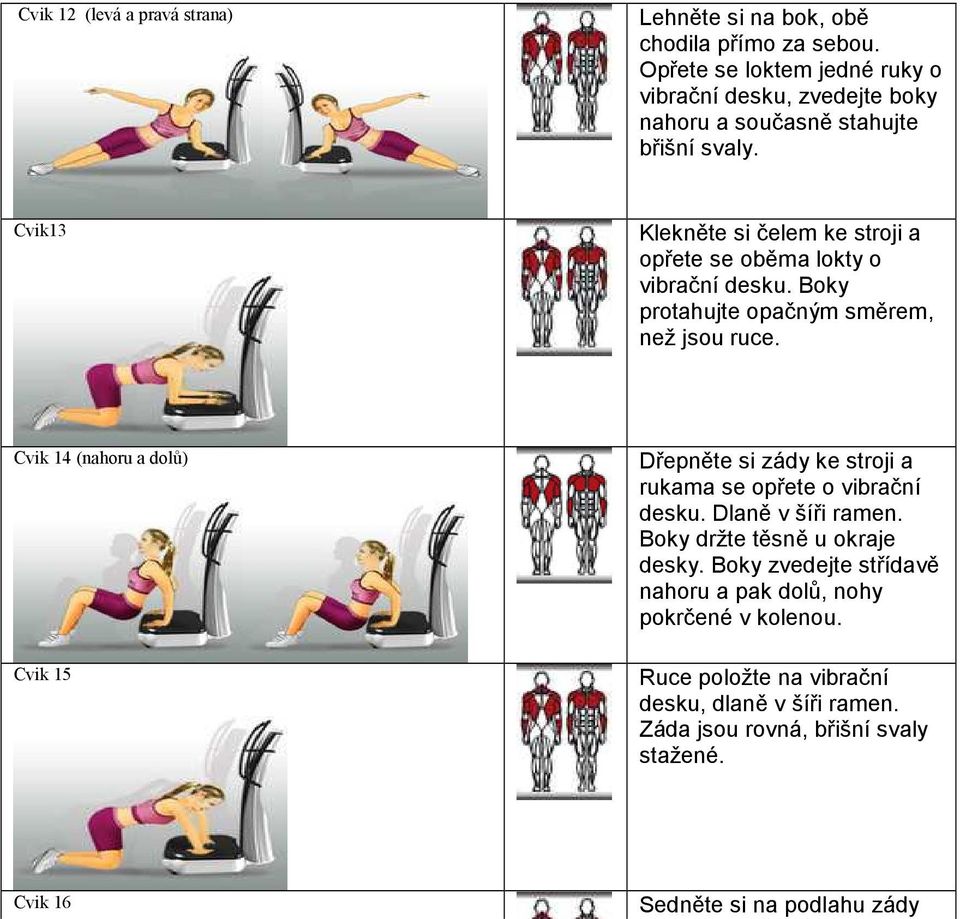 Cvik13 Klekněte si čelem ke stroji a opřete se oběma lokty o vibrační desku. Boky protahujte opačným směrem, než jsou ruce.
