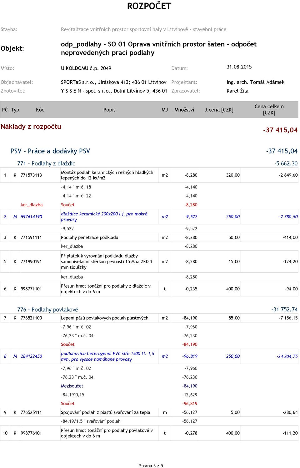 cena [CZK] Náklady z rozpočtu Cena celkem [CZK] -37 415,04 PSV - Práce a dodávky PSV 771 - Podlahy z dlaždic Montáž podlah keramických režných hladkých 1 K 771573113 m2-8,280 320,00 lepených do 12