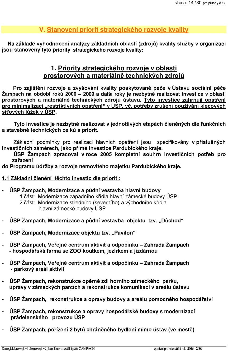 Priority strategického rozvoje v oblasti prostorových a materiálně technických zdrojů Pro zajištění rozvoje a zvyšování kvality poskytované péče v Ústavu sociální péče Žampach na období roků 2006