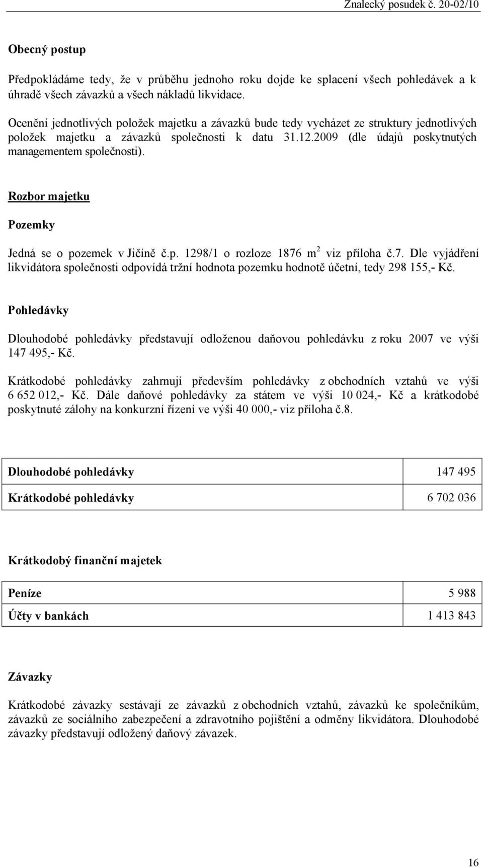 Rozbor majetku Pozemky Jedná se o pozemek v Jičíně č.p. 1298/1 o rozloze 1876 m 2 viz příloha č.7. Dle vyjádření likvidátora společnosti odpovídá tržní hodnota pozemku hodnotě účetní, tedy 298 155,- Kč.