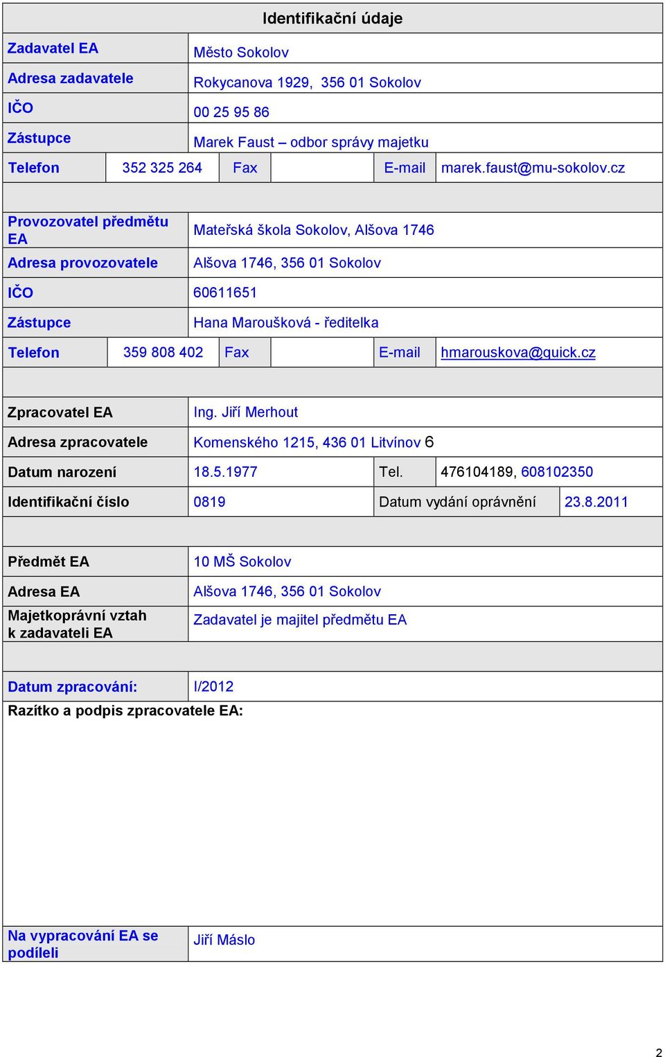 cz Provozovatel předmětu EA Adresa provozovatele Mateřská škola Sokolov, Alšova 1746 Alšova 1746, 356 01 Sokolov IČO 60611651 Zástupce Hana Maroušková - ředitelka Telefon 359 808 402 Fax E-mail