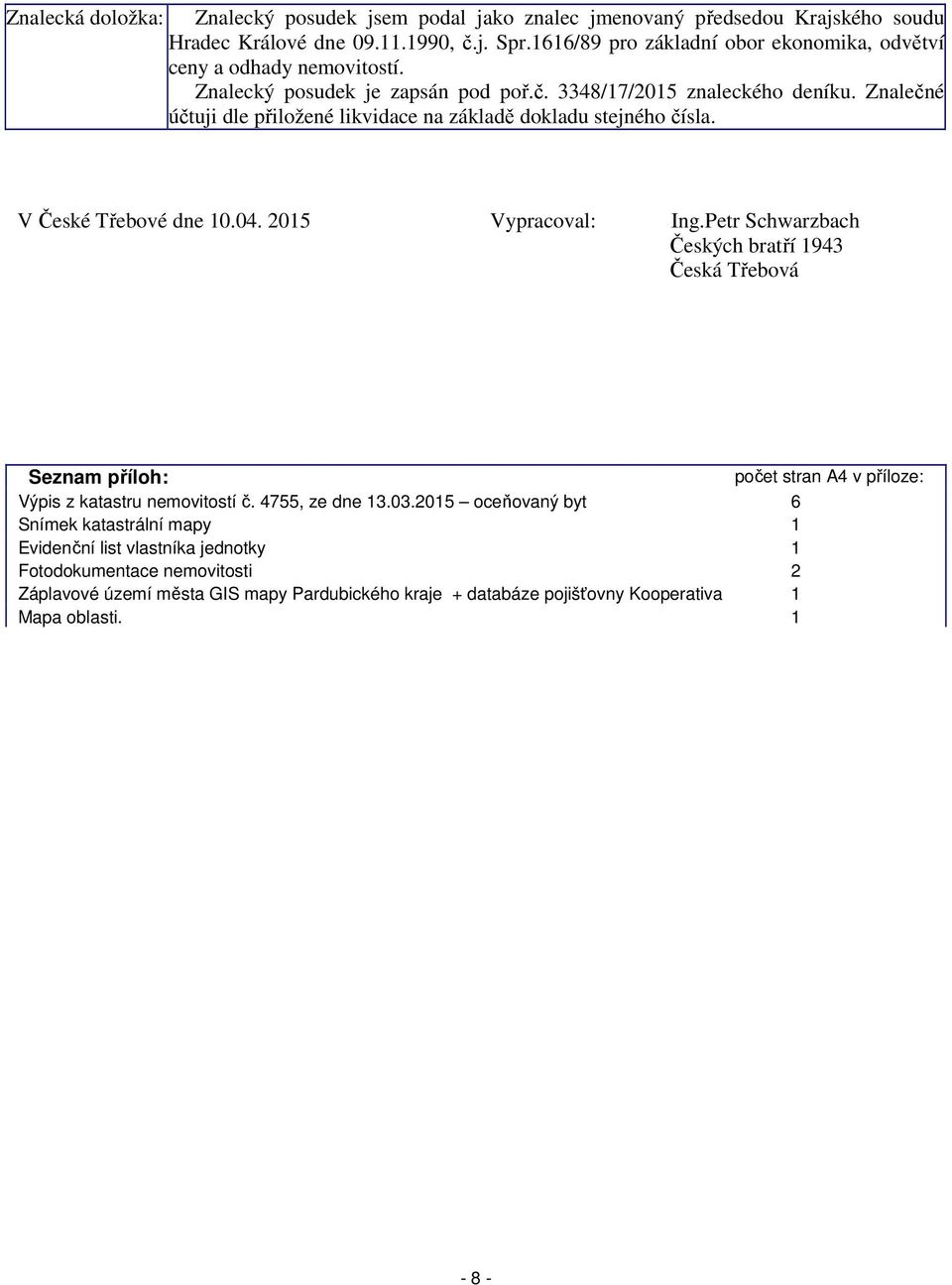 Znalečné účtuji dle přiložené likvidace na základě dokladu stejného čísla. V České Třebové dne 10.04. 2015 Vypracoval: Ing.