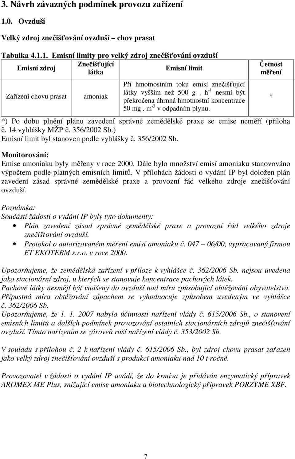 1. Emisní limity pro velký zdroj znečišťování ovzduší Znečišťující Emisní zdroj Emisní limit látka Zařízení chovu prasat amoniak Při hmotnostním toku emisí znečišťující látky vyšším než 500 g.