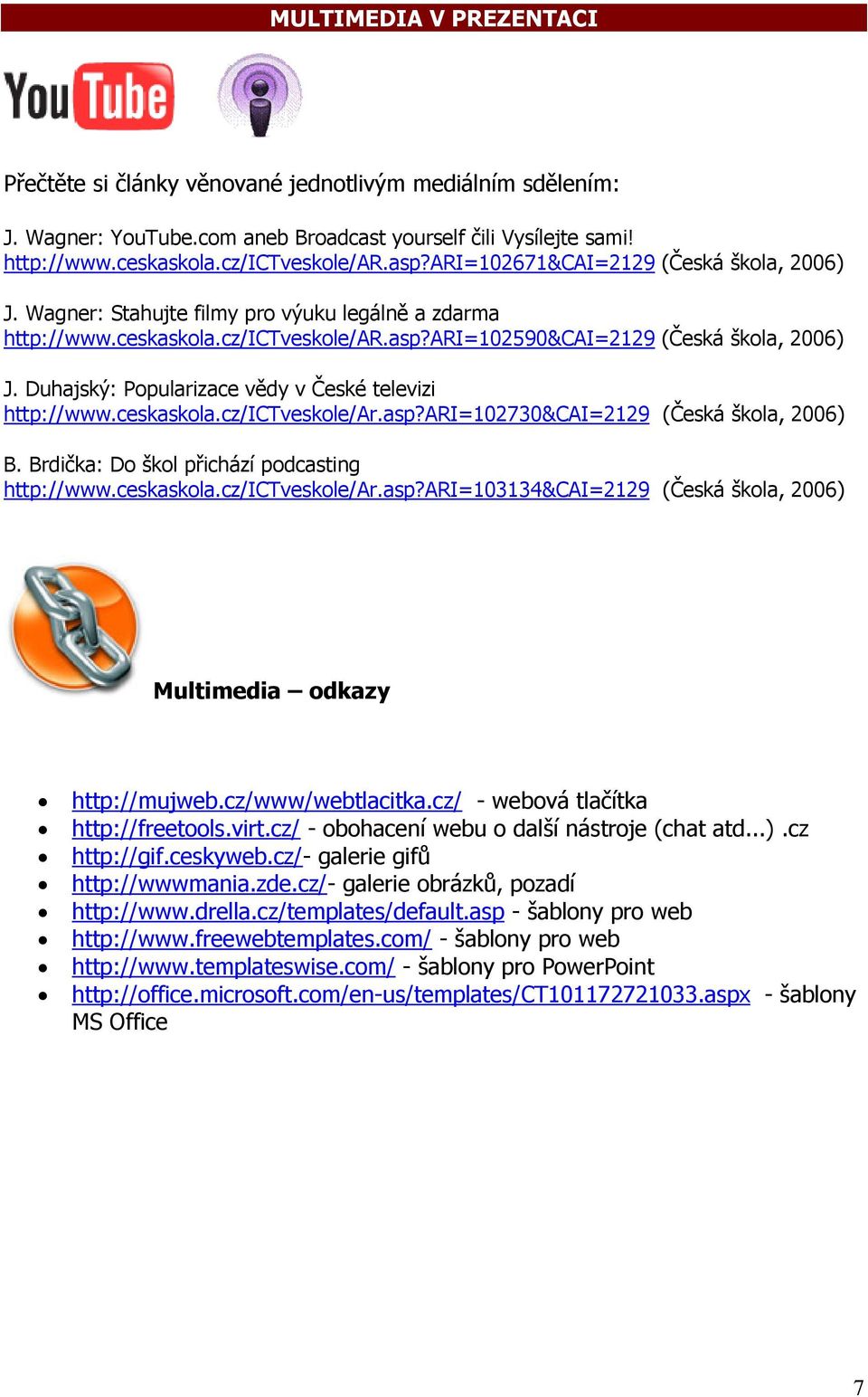 Duhajský: Popularizace vědy v České televizi http://www.ceskaskola.cz/ictveskole/ar.asp?ari=102730&cai=2129 (Česká škola, 2006) B. Brdička: Do škol přichází podcasting http://www.ceskaskola.cz/ictveskole/ar.asp?ari=103134&cai=2129 (Česká škola, 2006) Multimedia odkazy http://mujweb.