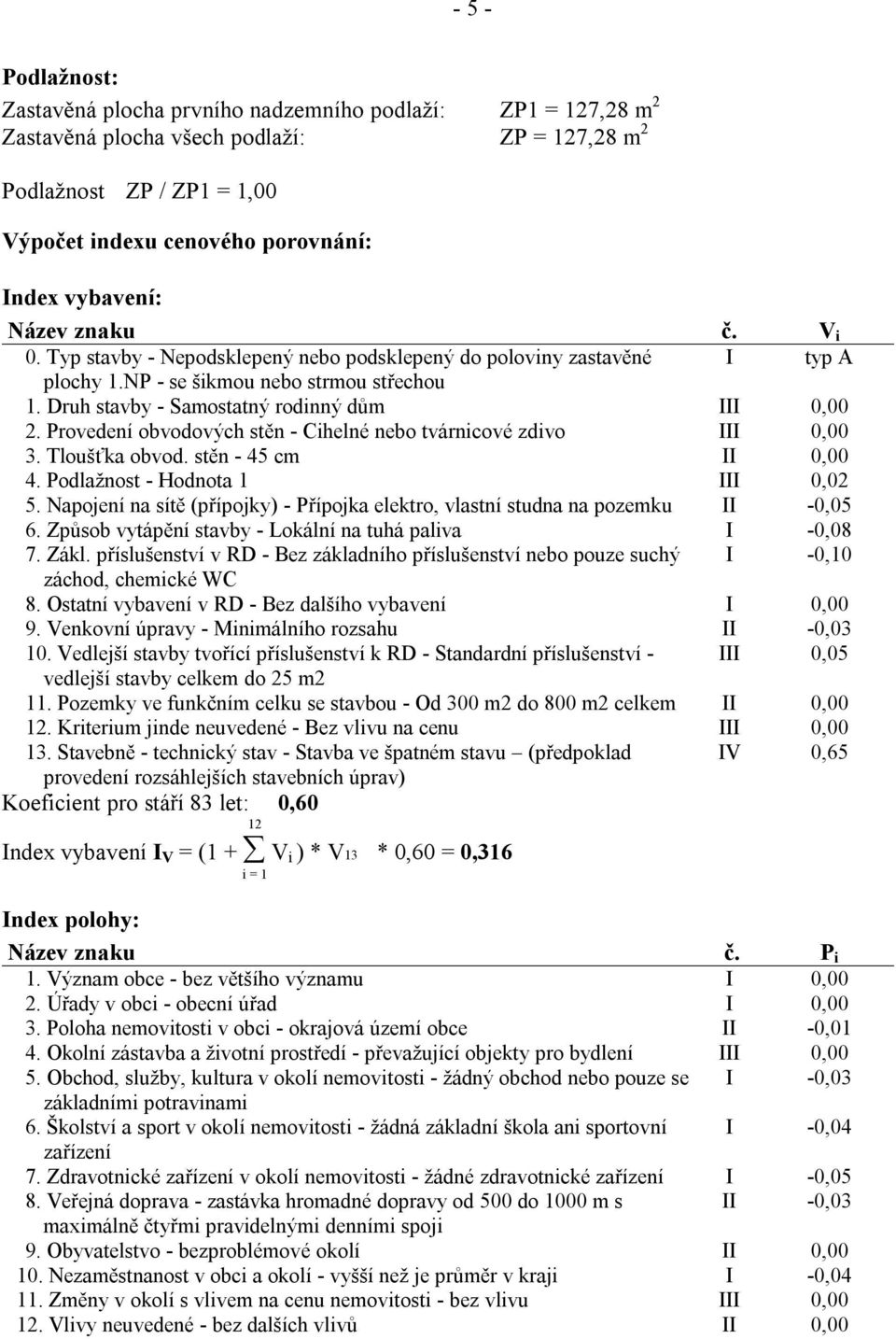 Druh stavby - Samostatný rodinný dům III 0,00 2. Provedení obvodových stěn - Cihelné nebo tvárnicové zdivo III 0,00 3. Tloušťka obvod. stěn - 45 cm II 0,00 4. Podlažnost - Hodnota 1 III 0,02 5.