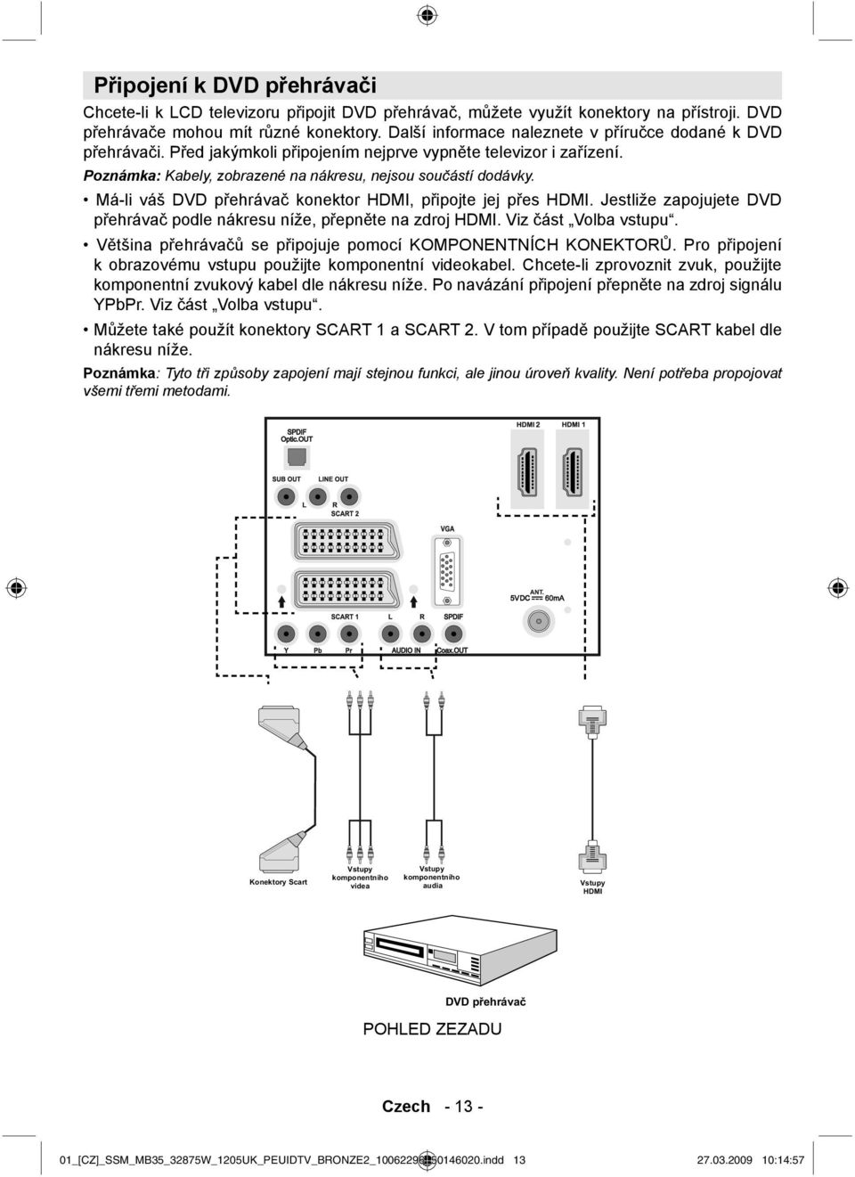 Má-li váš DVD přehrávač konektor HDMI, připojte jej přes HDMI. Jestliže zapojujete DVD přehrávač podle nákresu níže, přepněte na zdroj HDMI. Viz část Volba vstupu.