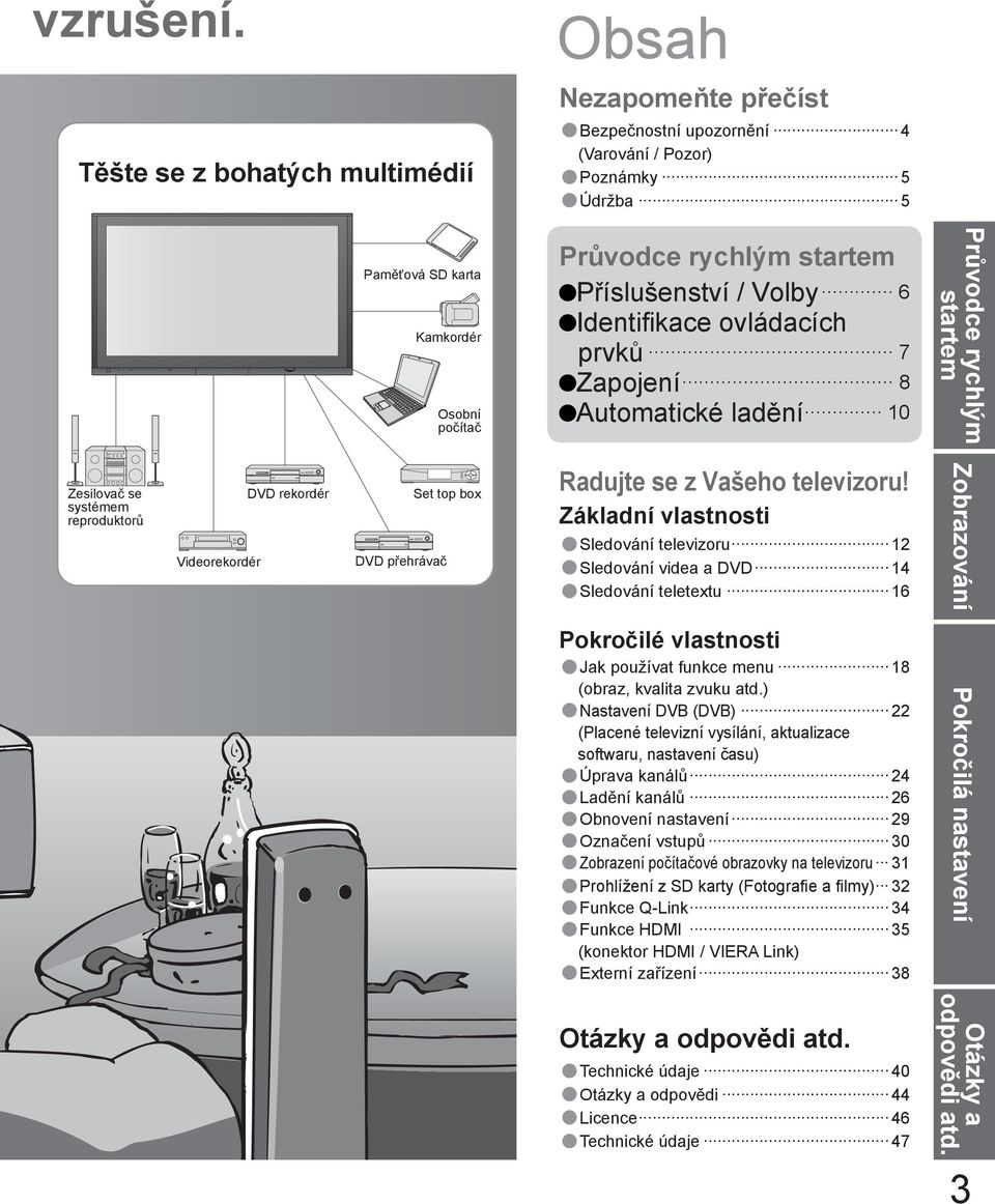 Příslušenství / Volby 6 Identifikace ovládacích prvků 7 Zapojení 8 Automatické ladění 10 Průvodce rychlým startem Zesilovač se systémem reproduktorů Videorekordér DVD rekordér DVD přehrávač Set top