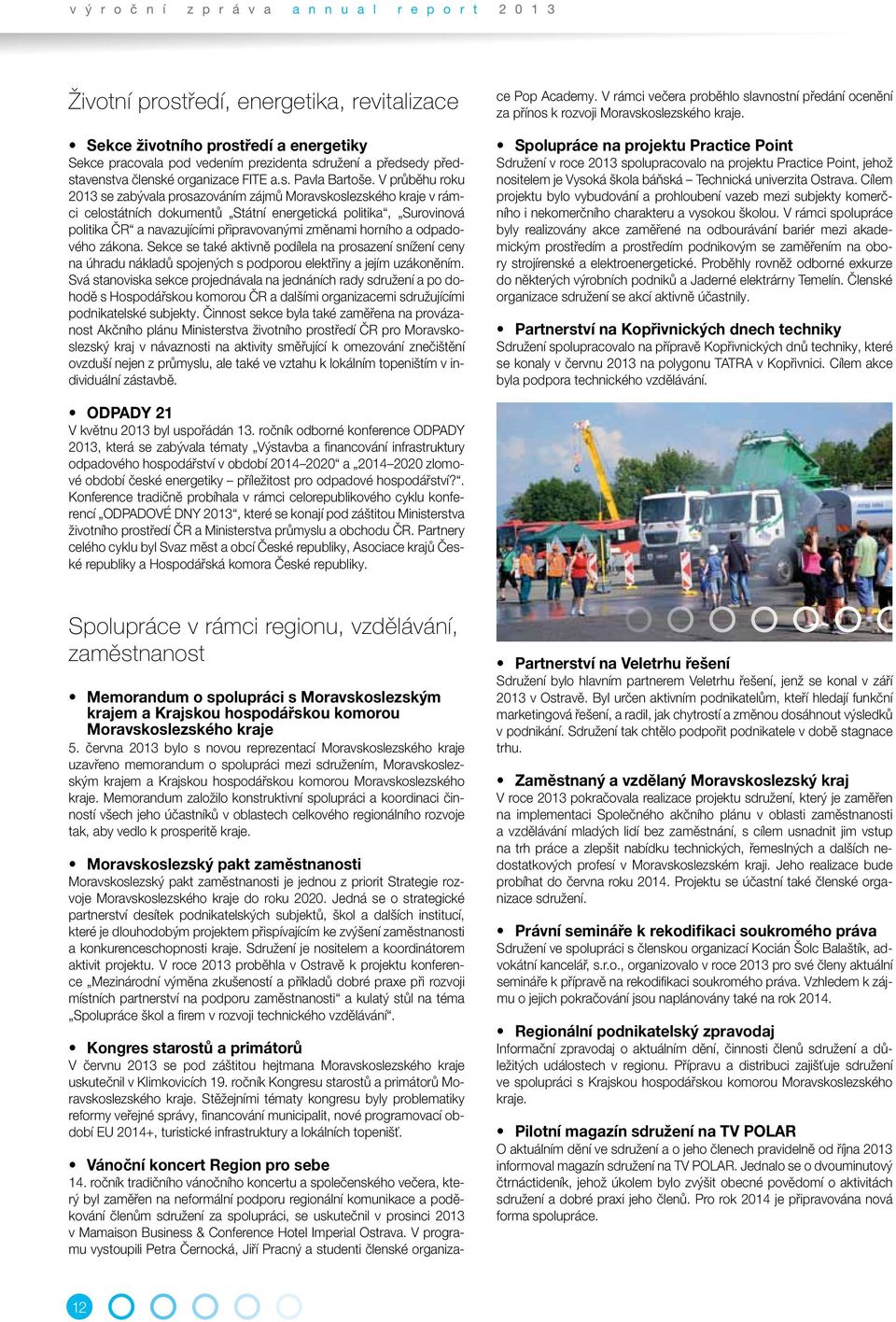 V průběhu roku 2013 se zabývala prosazováním zájmů Moravskoslezského kraje v rámci celostátních dokumentů Státní energetická politika, Surovinová politika ČR a navazujícími připravovanými změnami