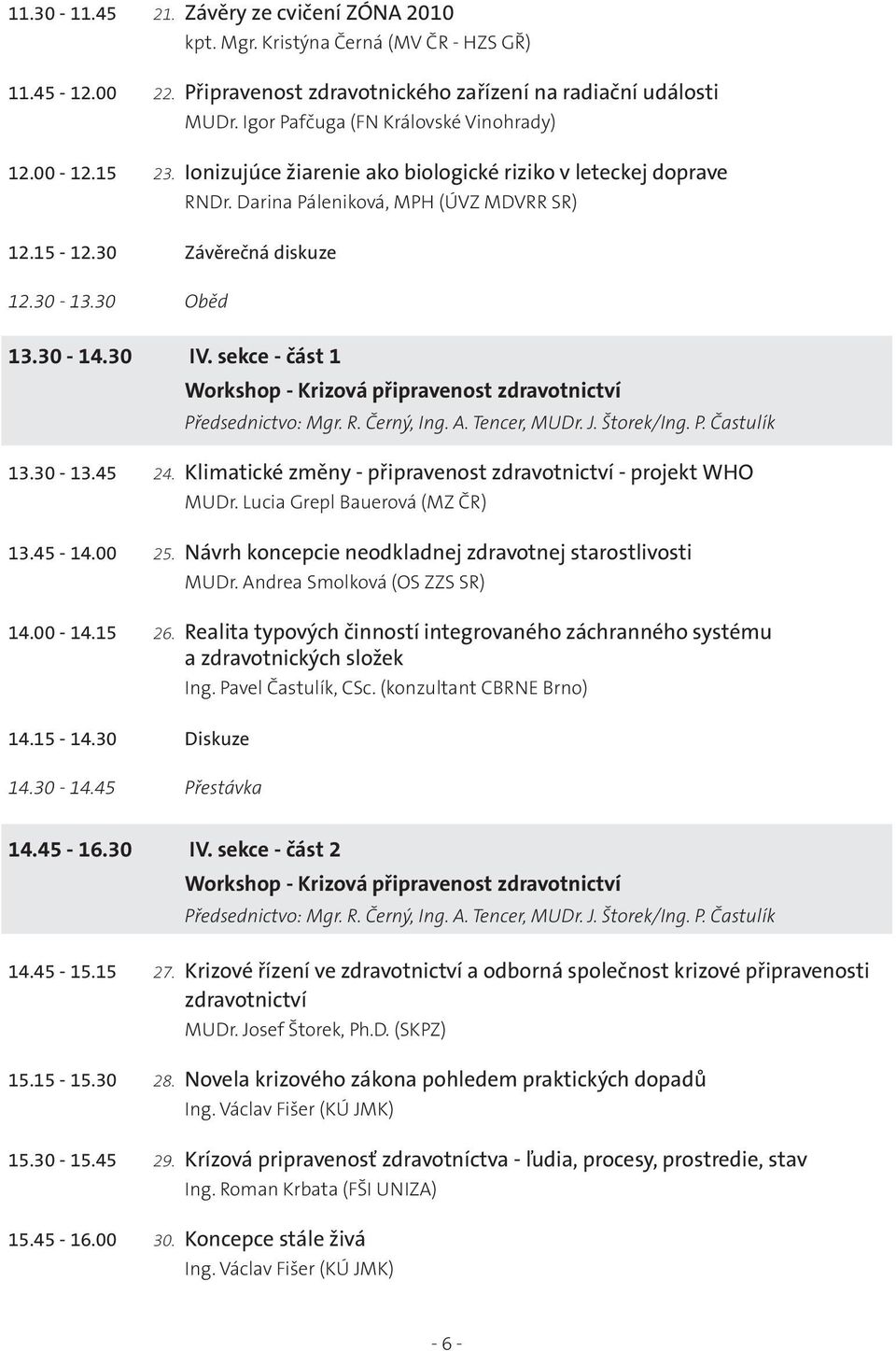 30 Oběd 13.30-14.30 IV. sekce - část 1 Workshop - Krizová připravenost zdravotnictví Předsednictvo: Mgr. R. Černý, Ing. A. Tencer, MUDr. J. Štorek/Ing. P. Častulík 13.30-13.45 24.