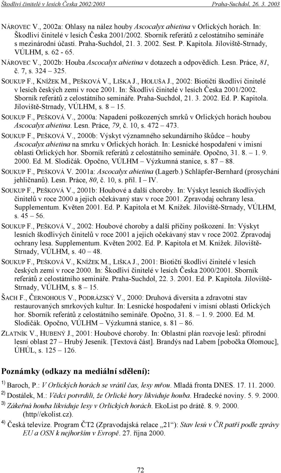 , KNÍŽEK M., PEŠKOVÁ V., LIŠKA J., HOLUŠA J., 2002: Biotičtí škodliví činitelé v lesích českých zemí v roce 2001. In: Škodliví činitelé v lesích Česka 2001/2002.