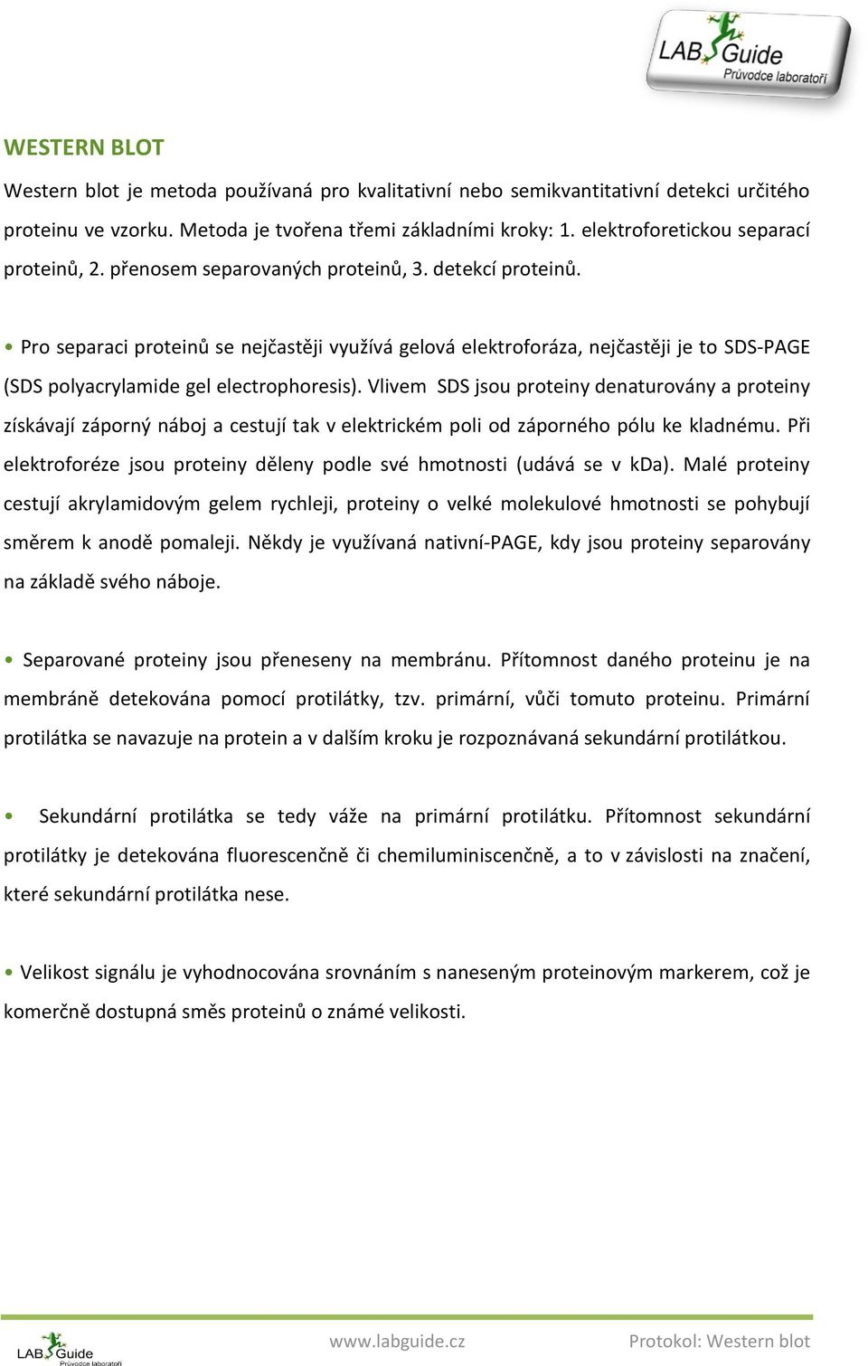 Pro separaci proteinů se nejčastěji využívá gelová elektroforáza, nejčastěji je to SDS-PAGE (SDS polyacrylamide gel electrophoresis).