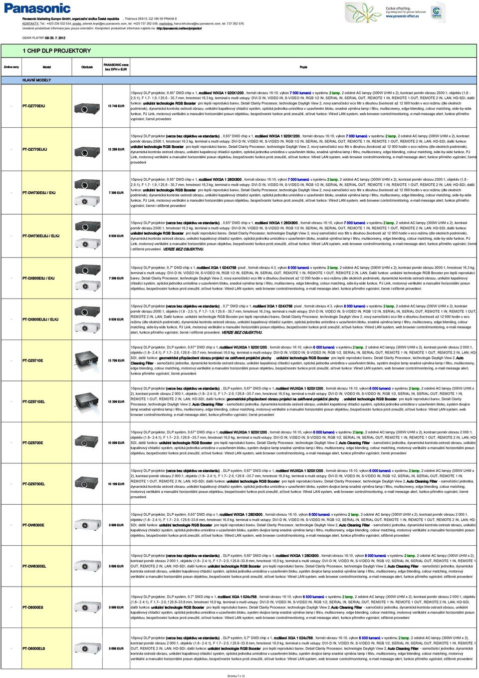 Kompletení produktové informace najdete na: http://panasonic.net/avc/projector/ CENÍK PLATNÝ OD 20. 7.