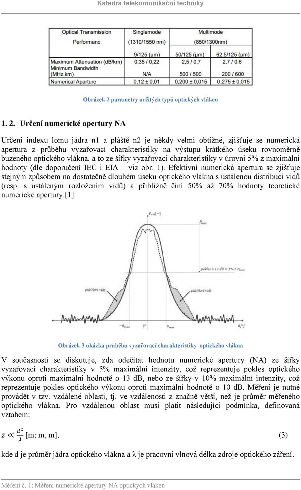 Určení numerické apertury NA Určení indexu lomu jádra n1 a pláště n2 je někdy velmi obtížné, zjišťuje se numerická apertura z průběhu vyzařovací charakteristiky na výstupu krátkého úseku rovnoměrně