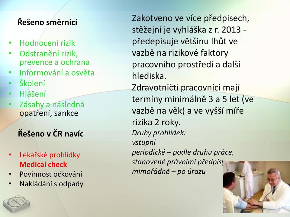 2013 - předepisuje většinu lhůt ve vazbě na rizikové faktory pracovního prostředí a další hlediska.