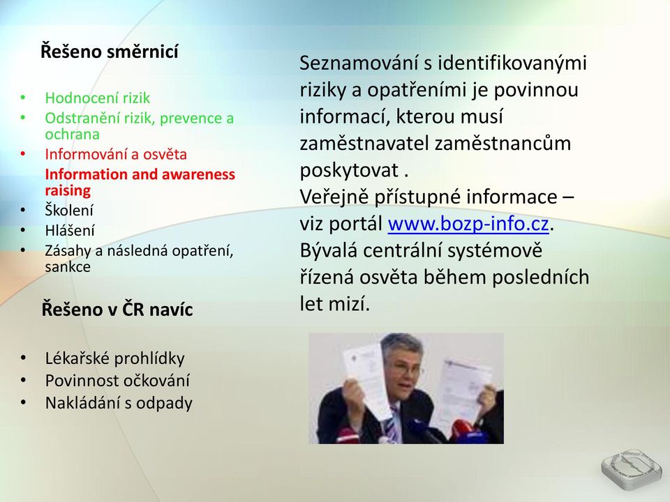 povinnou informací, kterou musí zaměstnavatel zaměstnancům poskytovat. Veřejně přístupné informace viz portál www.bozp-info.