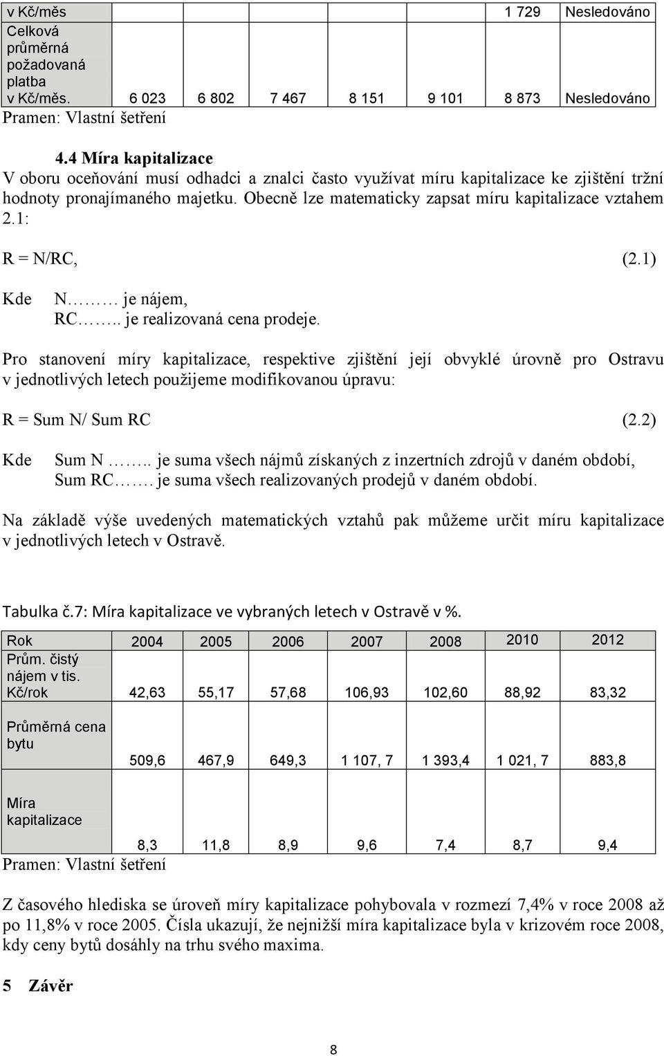 1: R = N/RC, (2.1) Kde N je nájem, RC.. je realizovaná cena prodeje.