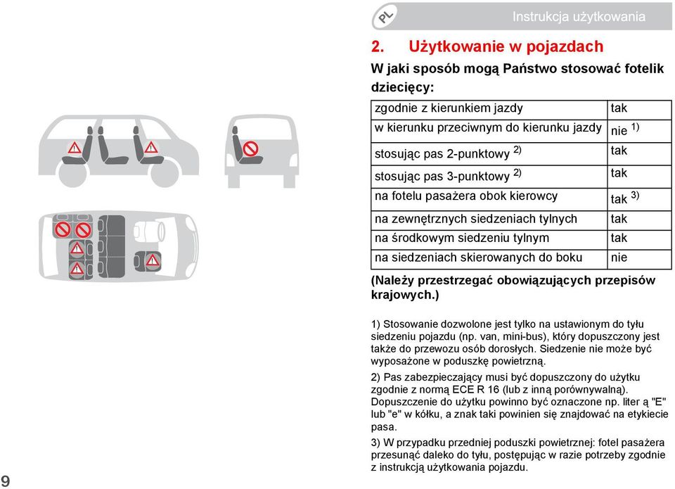 obowiązujących przepisów krajowych.) 9 1) Stosowanie dozwolone jest tylko na ustawionym do tyłu siedzeniu pojazdu (np. van, mini-bus), który dopuszczony jest także do przewozu osób dorosłych.